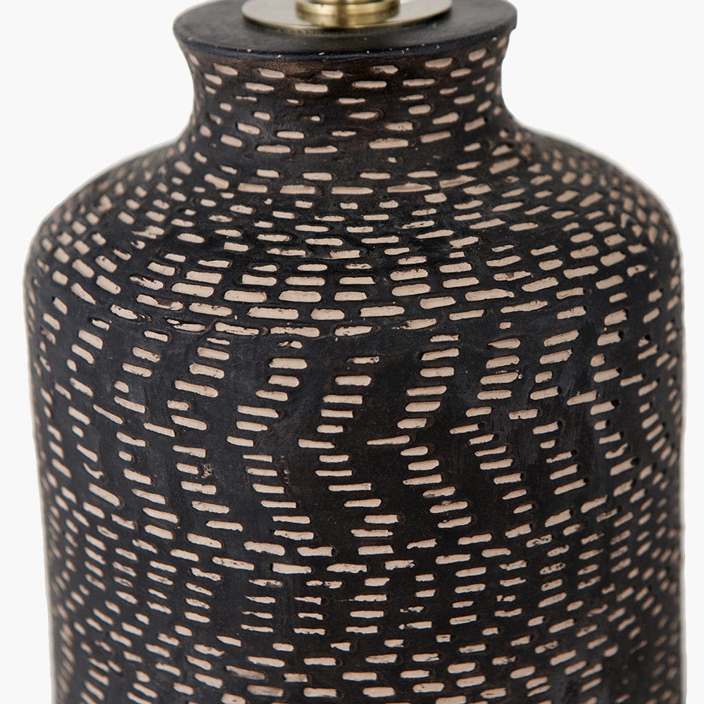 Atouk Textured Black Stoneware Table Lamp Base with Henry 35cm White Handloom Cylinder Lampshade.