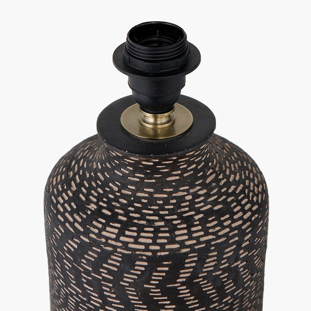 Atouk Textured Black Stoneware Table Lamp Base with Henry 35cm White Handloom Cylinder Lampshade.