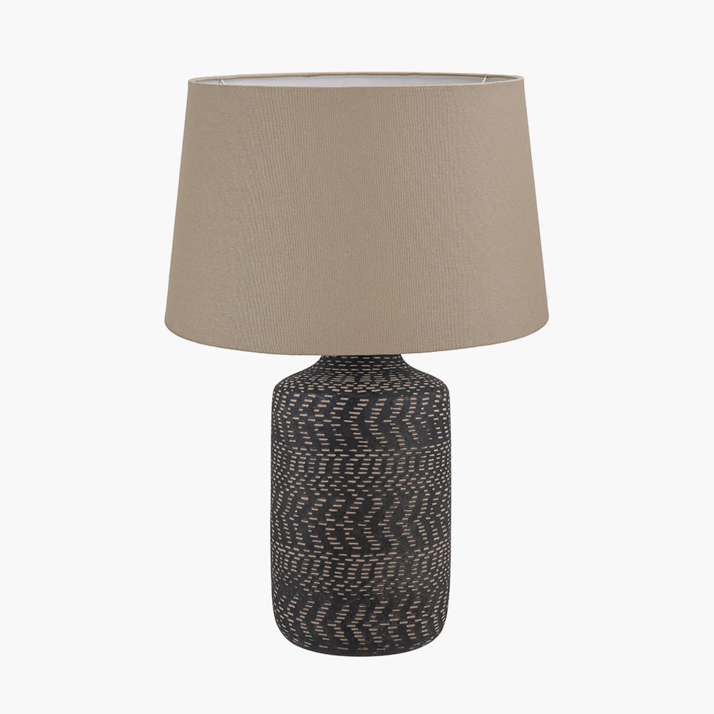 Pacific Lifestyle Lighting Atouk Textured Black Stoneware Table Lamp Base with Winston 35cm Taupe Handloom Tapered Lampshade House of Isabella UK