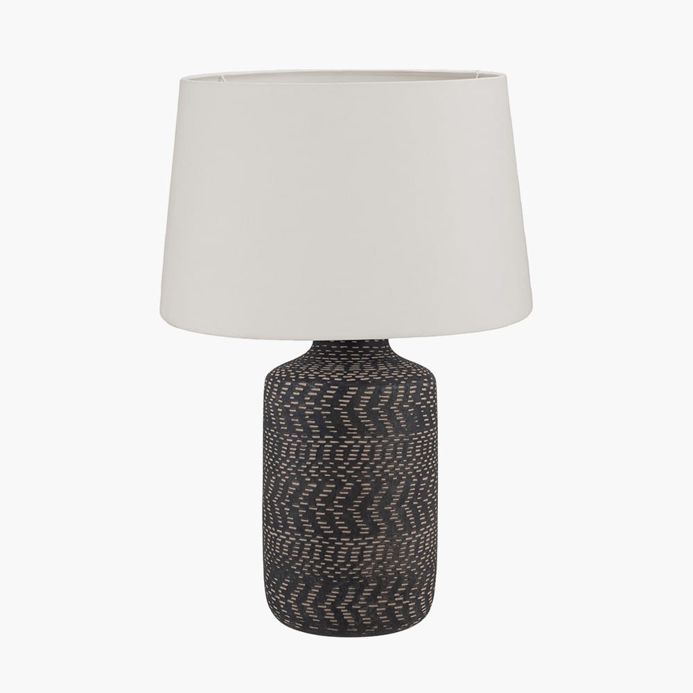 Pacific Lifestyle Lighting Atouk Textured Black Stoneware Table Lamp Base with Winston 35cm White Handloom Tapered Lampshade House of Isabella UK