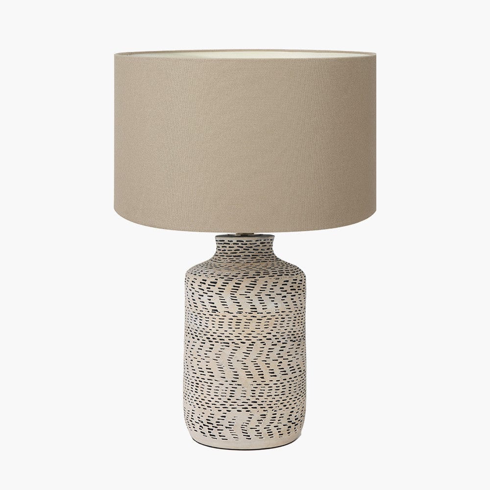 Atouk Textured Natural and Black Stoneware Table Lamp Base with Henry 35cm Taupe Handloom Cylinder Lampshade.