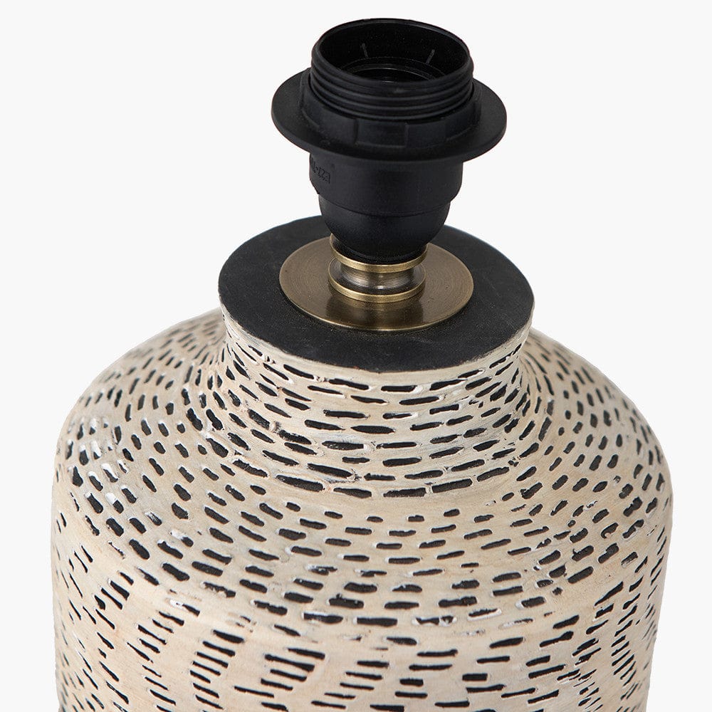 Atouk Textured Natural and Black Stoneware Table Lamp Base with Henry 35cm Taupe Handloom Cylinder Lampshade.