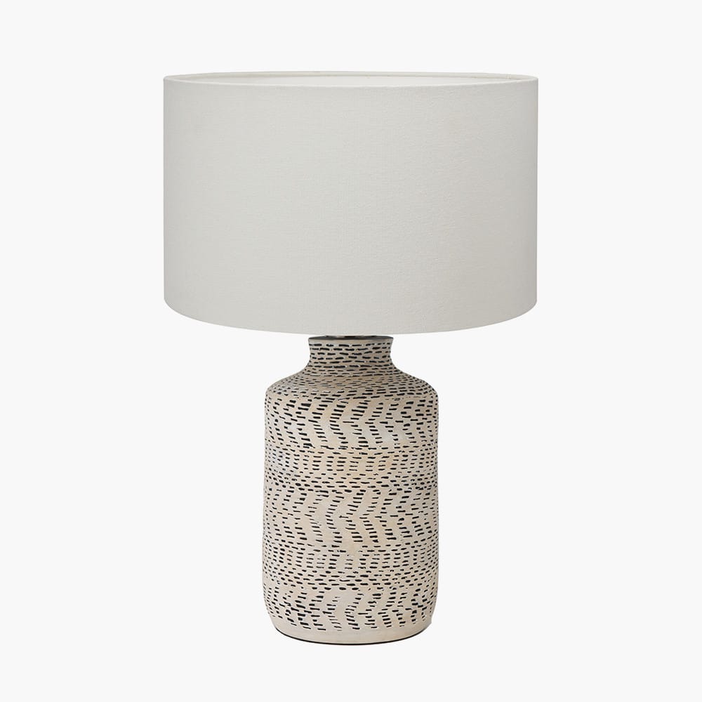 Pacific Lifestyle Lighting Atouk Textured Natural and Black Stoneware Table Lamp Base with Henry 35cm White Handloom Cylinder Lampshade House of Isabella UK