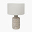 Pacific Lifestyle Lighting Atouk Textured Natural and Black Stoneware Table Lamp Base with Henry 35cm White Handloom Cylinder Lampshade House of Isabella UK