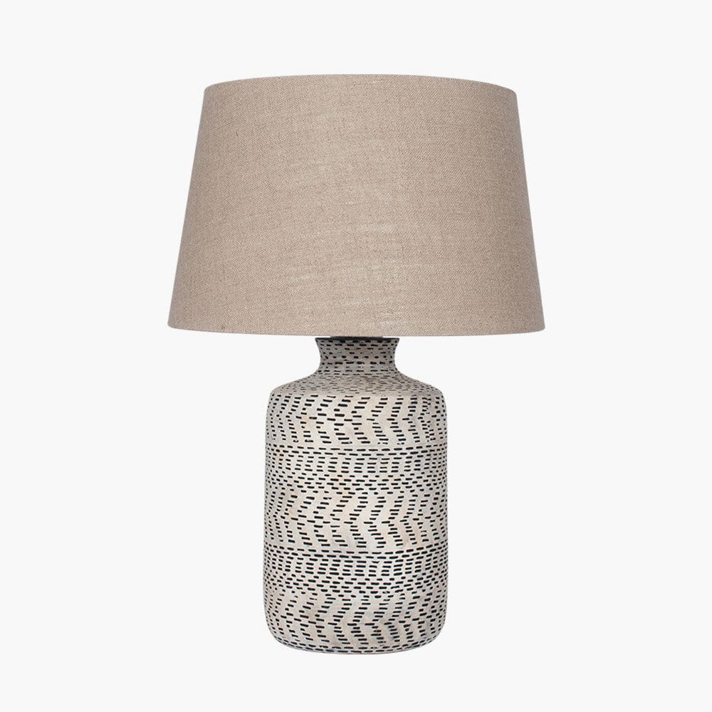 Atouk Textured Natural and Black Stoneware Table Lamp Base with Milos 35cm Natural Linen Tapered Lampshade.