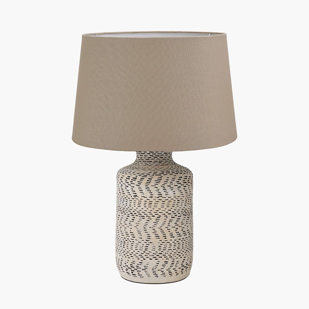Pacific Lifestyle Lighting Atouk Textured Natural and Black Stoneware Table Lamp Base with Winston 35cm Taupe Handloom Tapered Lampshade House of Isabella UK