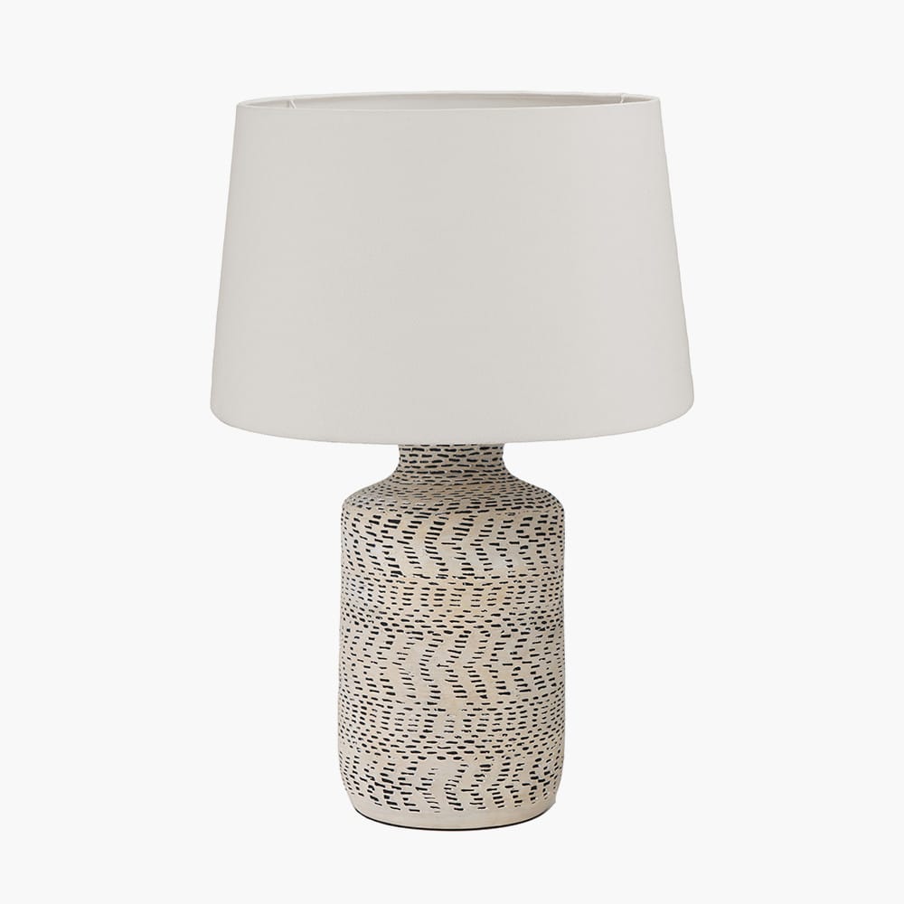 Pacific Lifestyle Lighting Atouk Textured Natural and Black Stoneware Table Lamp Base with Winston 35cm White Handloom Tapered Lampshade House of Isabella UK