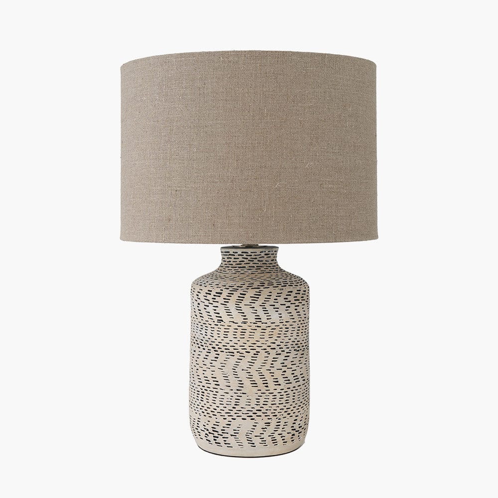 Atouk Textured Natural and Black Stoneware Table Lamp with Henry 35cm Taupe Handloom Cylinder Shade.