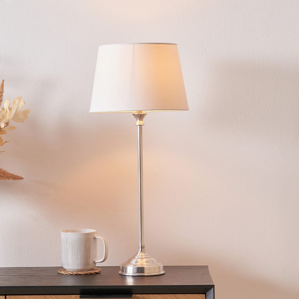 Pacific Lifestyle Lighting Auden Silver Metal Stick Table Lamp Base with Adelaide 25cm Ivory Tapered Cotton Mix Lampshade House of Isabella UK