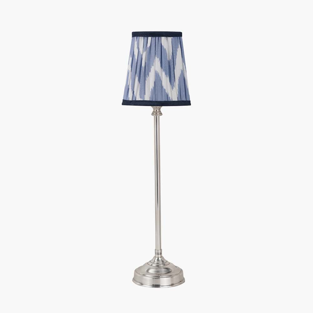 Pacific Lifestyle Lighting Auden Silver Metal Stick Table Lamp Base with Kamilah 14cm Blue Chevron Patterned Mushroom Pleat Tall Tapered Candle Clip Lampshade House of Isabella UK