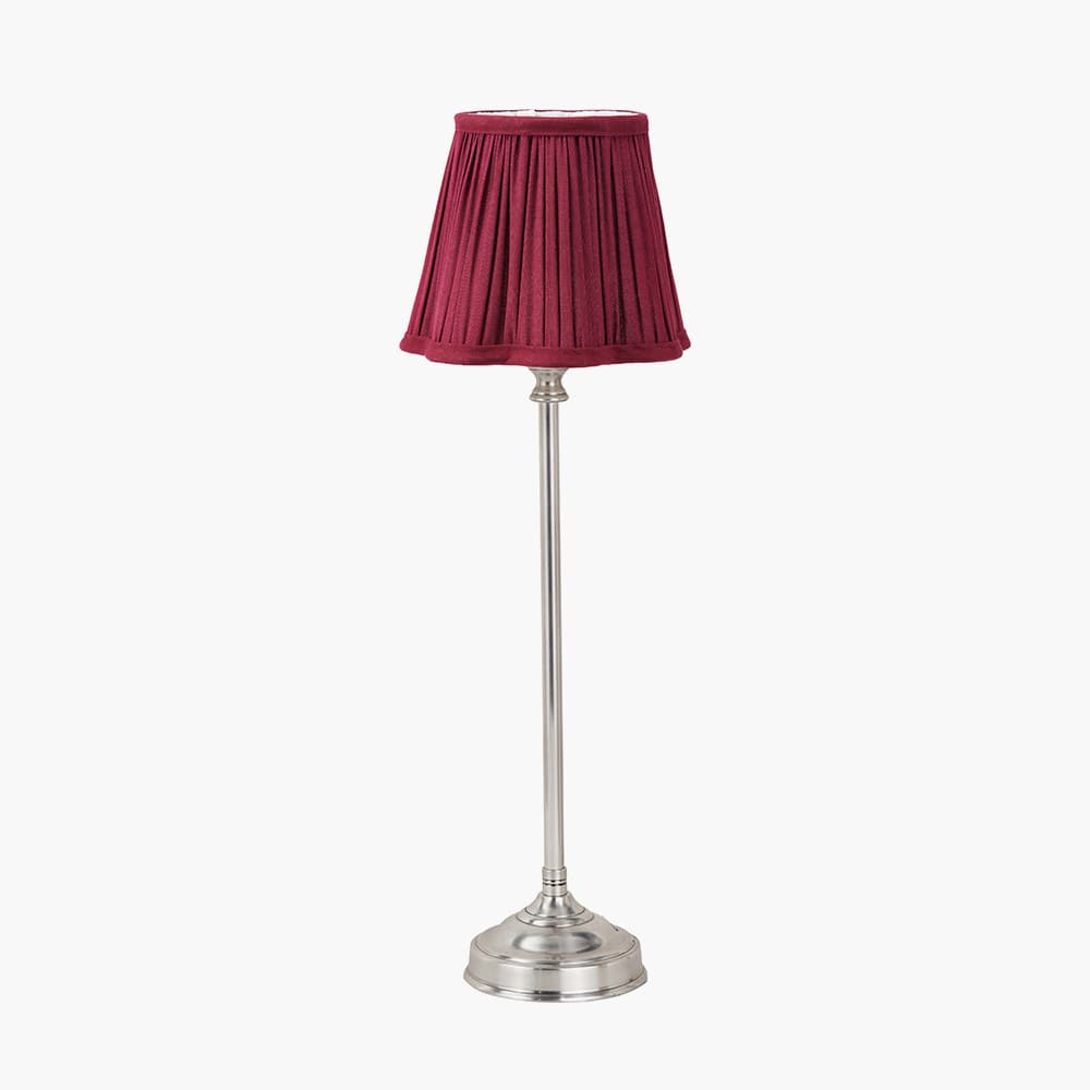 Pacific Lifestyle Lighting Auden Silver Metal Stick Table Lamp Base with Malia 18cm Mulberry Red Mushroom Pleat Scalloped Tapered Lamp Shade House of Isabella UK