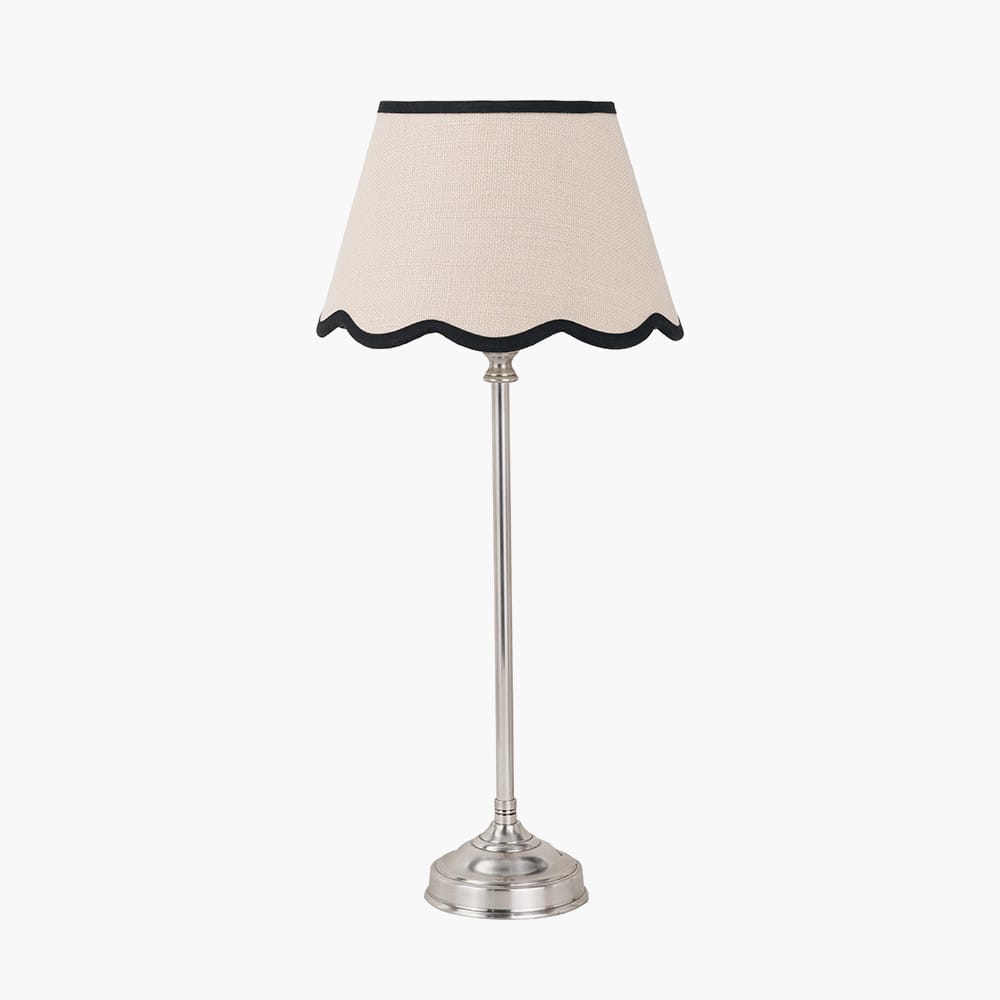 Pacific Lifestyle Lighting Auden Silver Metal Stick Table Lamp Base with Tabitha 25cm Cream Jute Scalloped Edge Tapered Lamp Shade with Contrast Binding House of Isabella UK