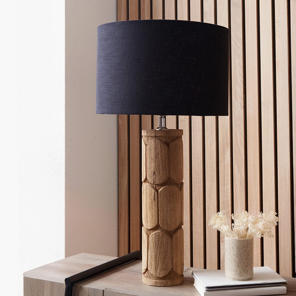Aurelia Embossed Natural Wood Tall Table Lamp Base with Lino 35cm Black Self Lined Linen Cylinder Lampshade.
