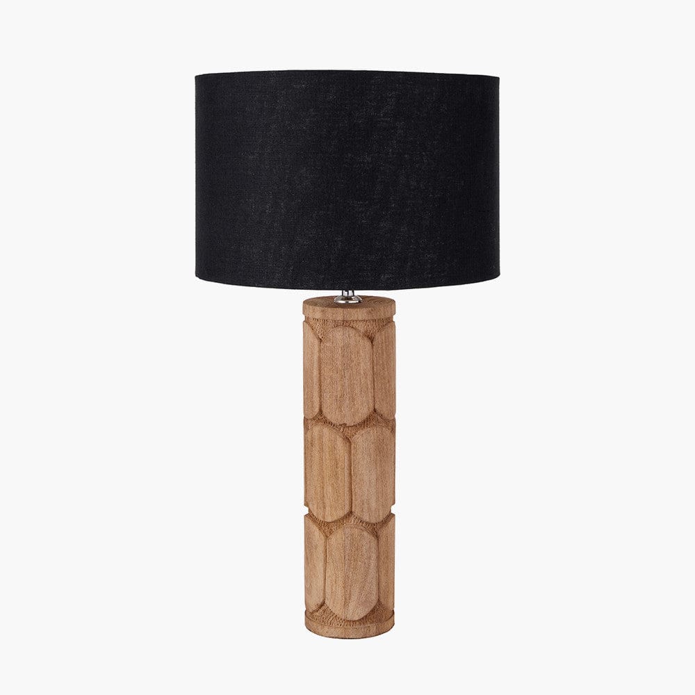 Aurelia Embossed Natural Wood Tall Table Lamp Base with Lino 35cm Black Self Lined Linen Cylinder Lampshade.