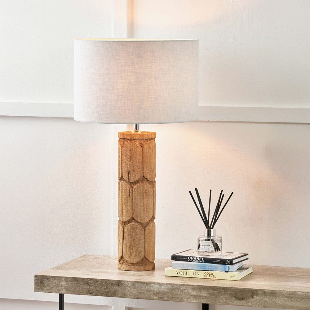 Aurelia Embossed Natural Wood Tall Table Lamp Base with Lino 35cm White Self Lined Linen Cylinder Lampshade.