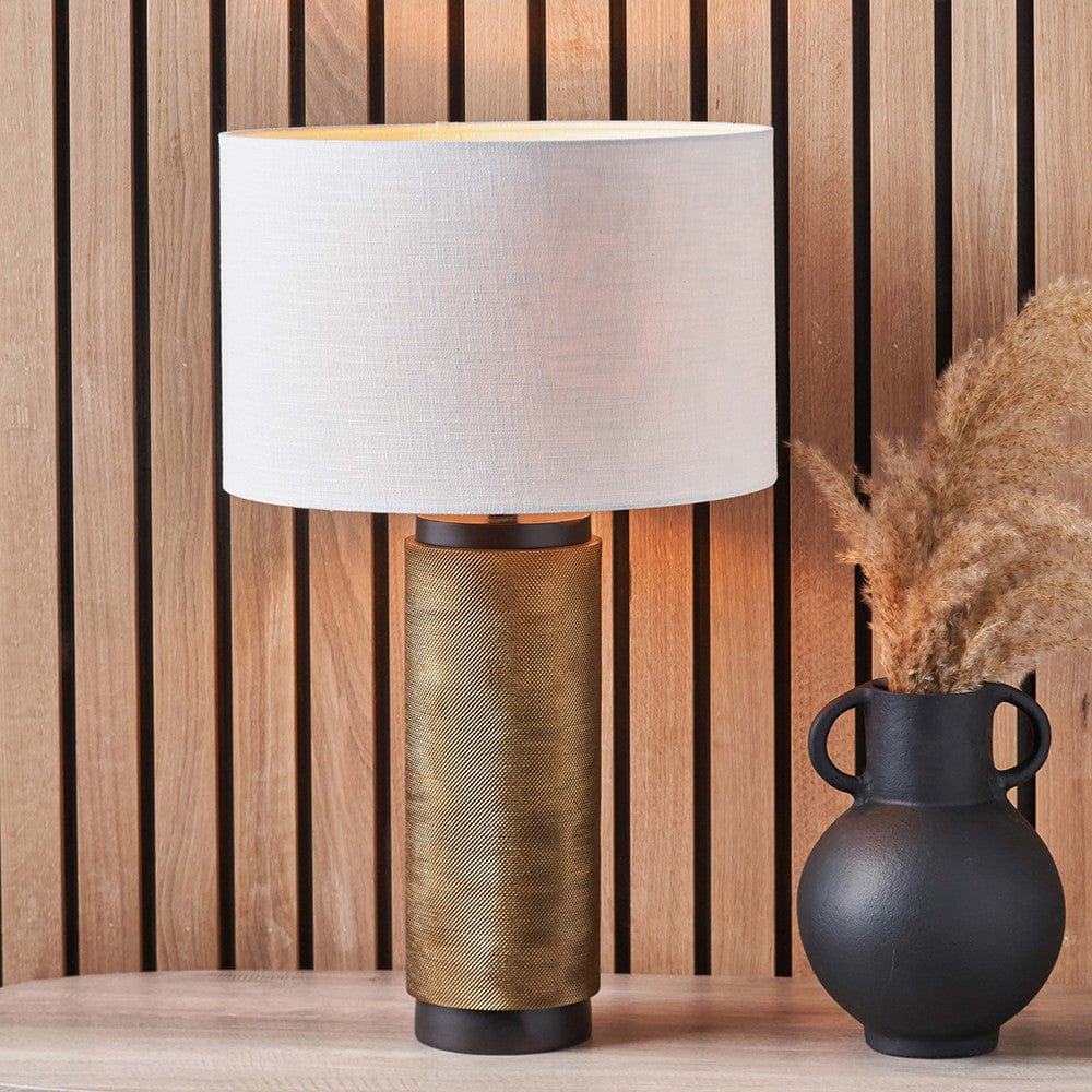 Pacific Lifestyle Lighting Aurelio Brass and Black Metal Textured Table Lamp Base with Lino 35cm White Self Lined Linen Cylinder Lampshade House of Isabella UK