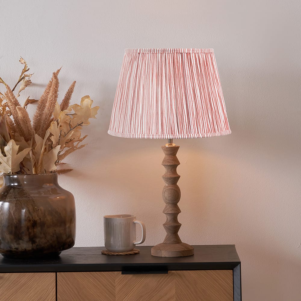 Pacific Lifestyle Lighting Ayra Natural Modernist Turned Wood Table Lamp Base with Thiago 35cm Cinnamon Stripe Mushroom Pleat Tapered Lampshade House of Isabella UK