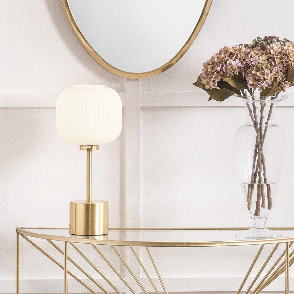 Bella White Ribbed Glass and Gold Metal Squoval Table Lamp.