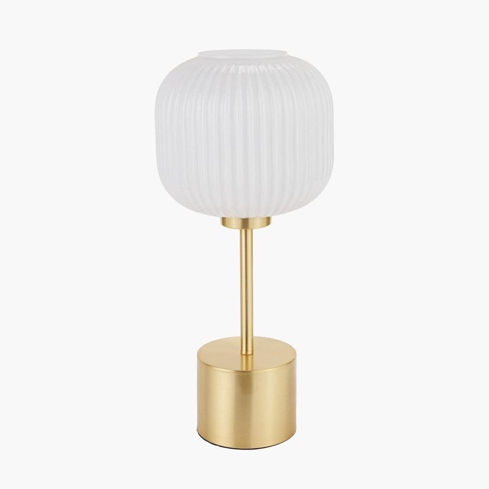 Bella White Ribbed Glass and Gold Metal Squoval Table Lamp.