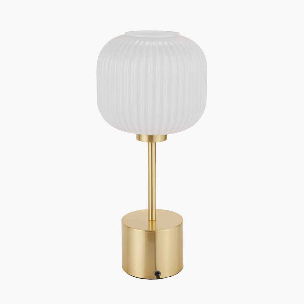 Bella White Ribbed Glass and Gold Metal Squoval Table Lamp.