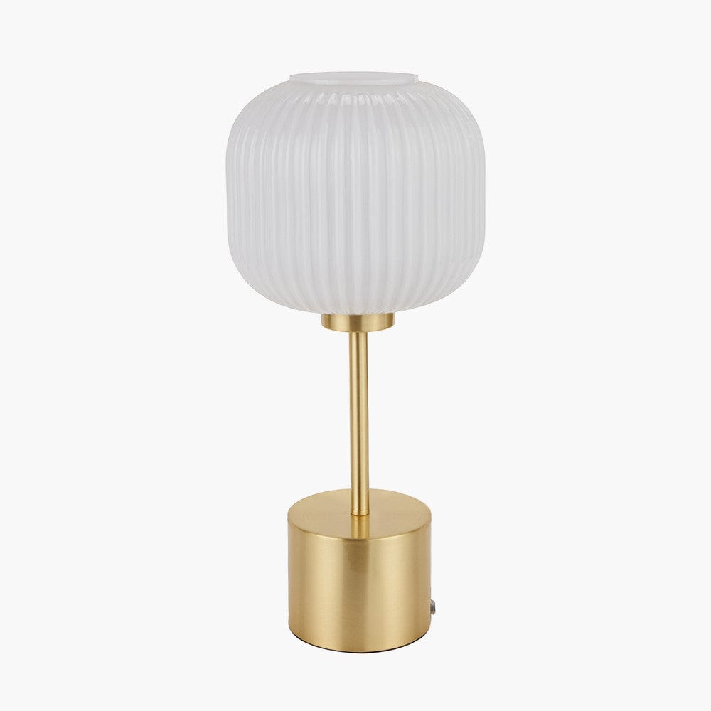 Bella White Ribbed Glass and Gold Metal Squoval Table Lamp.