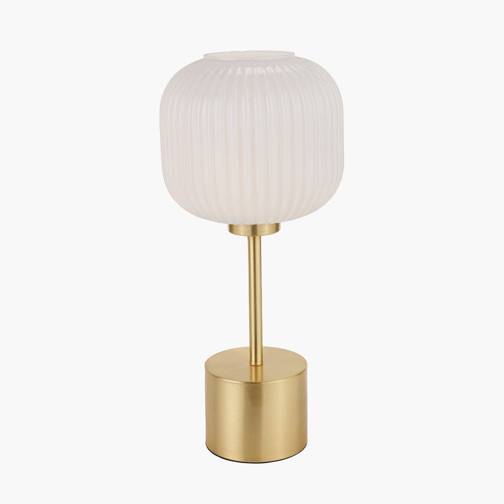 Bella White Ribbed Glass and Gold Metal Squoval Table Lamp.