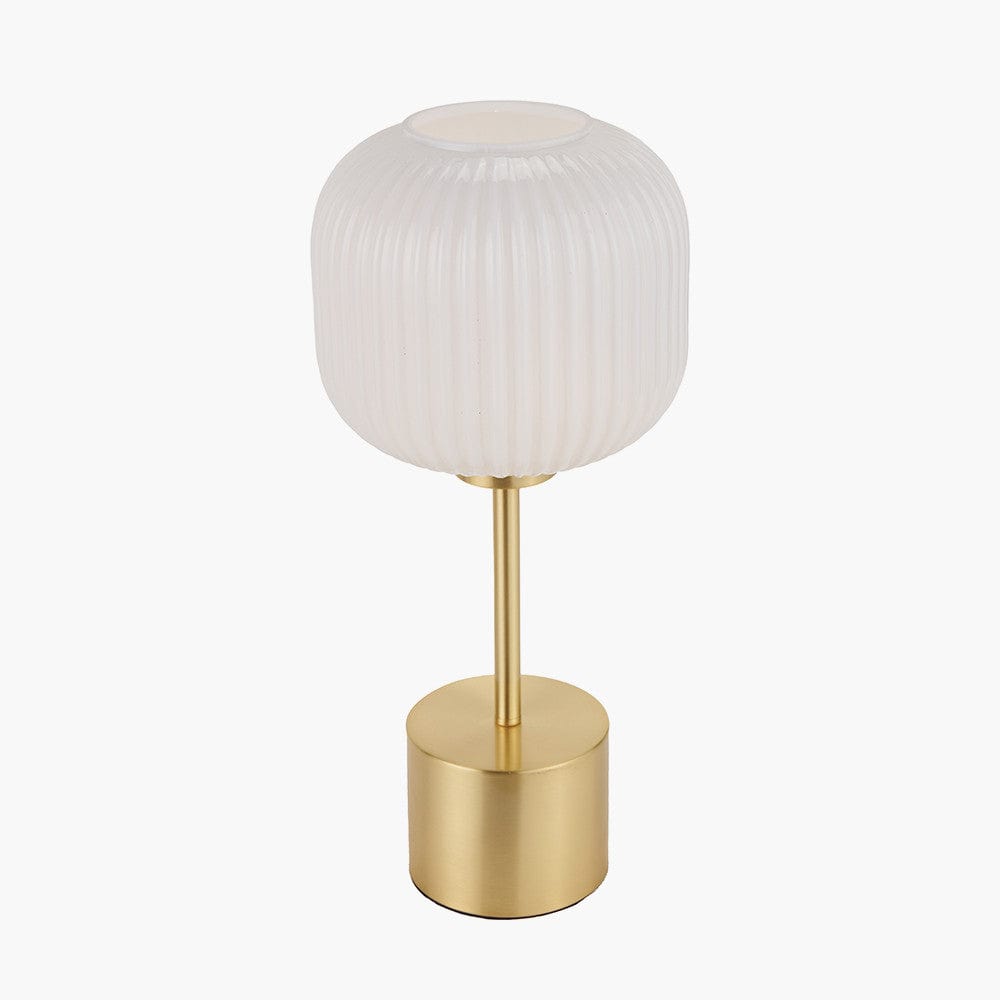 Bella White Ribbed Glass and Gold Metal Squoval Table Lamp.