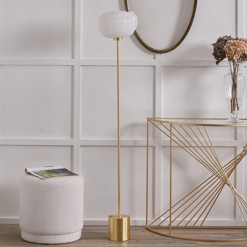 Bella White Ribbed Glass & Gold Metal Squoval Floor Lamp.