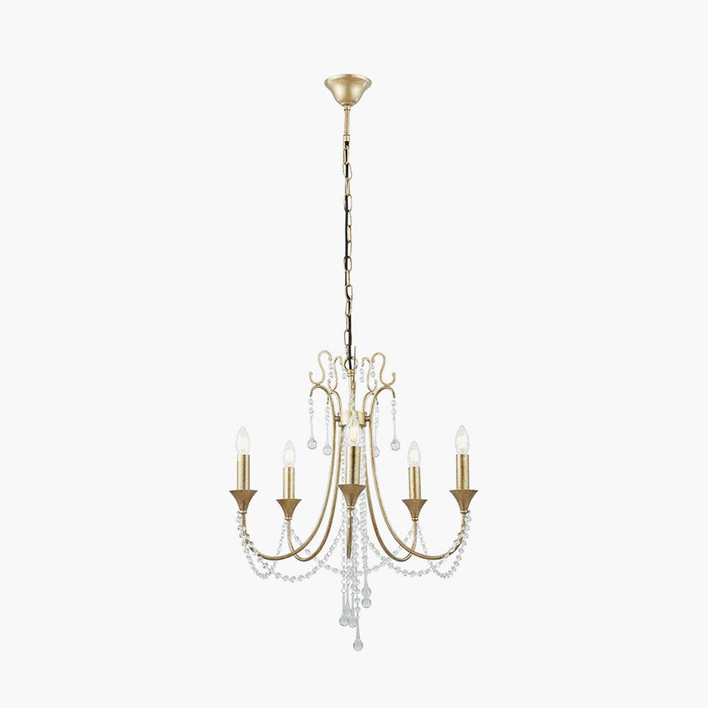 Belle Antique Silver Leaf Metal & Beaded 5 Light Chandelier Pendant.