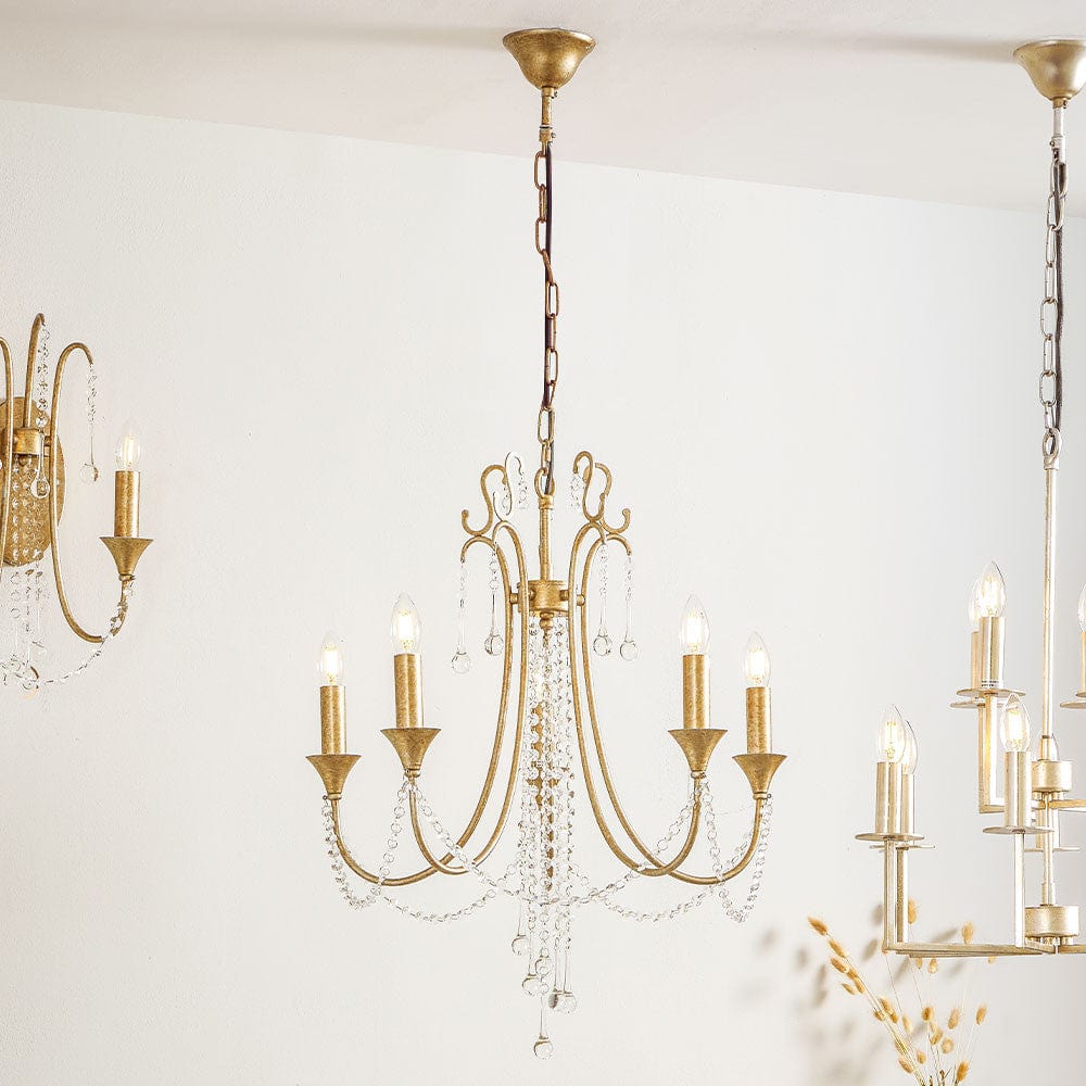 Belle Antique Silver Leaf Metal & Beaded 5 Light Chandelier Pendant.