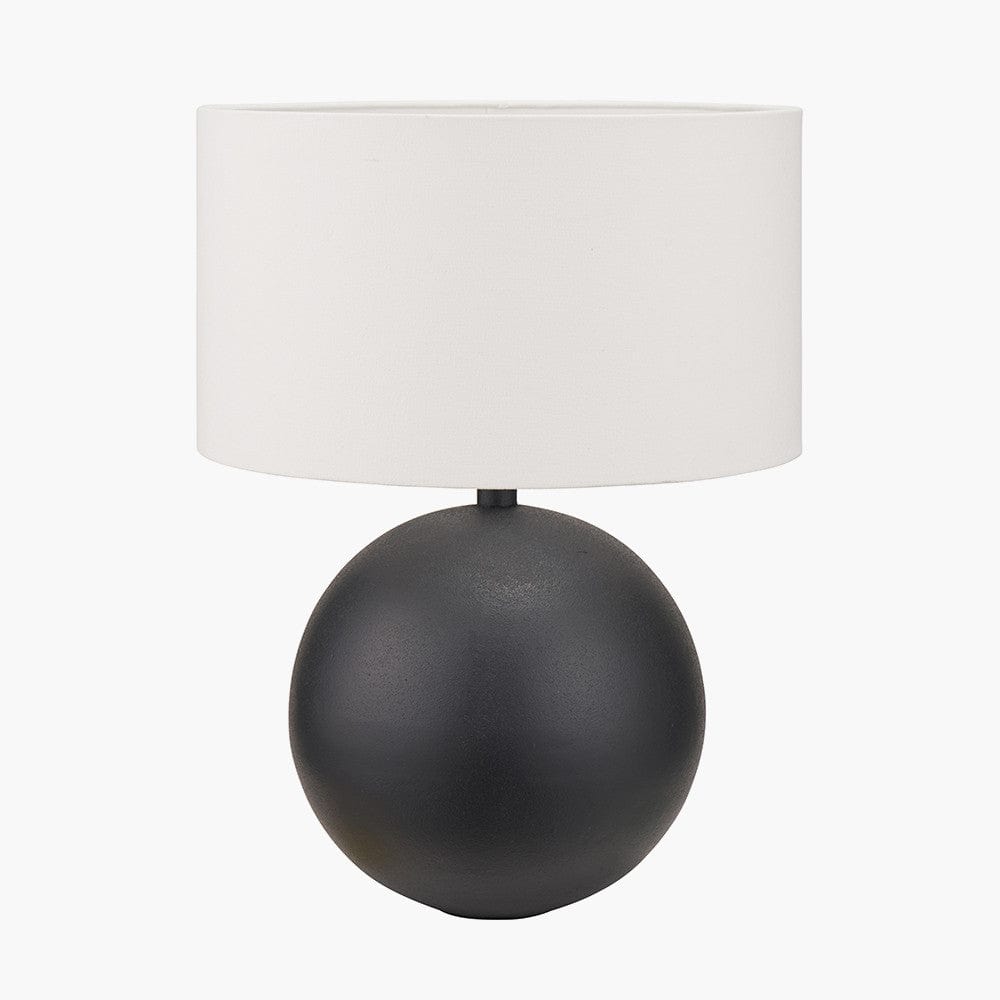 Benio Matt Black Metal Spherical Table Lamp Base with Henry 35cm White Handloom Cylinder Lampshade.
