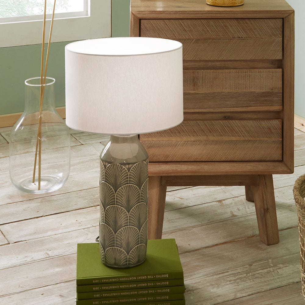 Bethan Embossed Grey Ceramic Table Lamp.