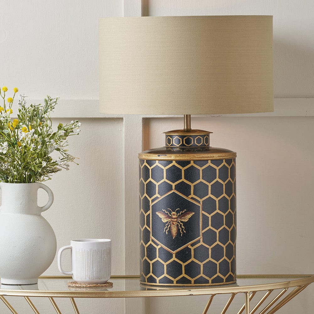 Black Honeycomb Hand Painted Metal Table Lamp Base with Harry 45cm Taupe Cotton Mix Cylinder Lampshade.