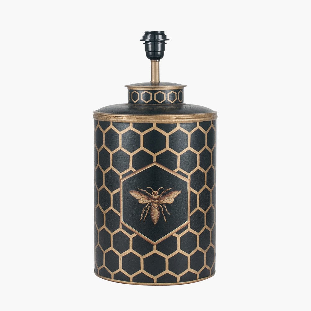 Black Honeycomb Hand Painted Metal Table Lamp Base with Harry 45cm Taupe Cotton Mix Cylinder Lampshade.