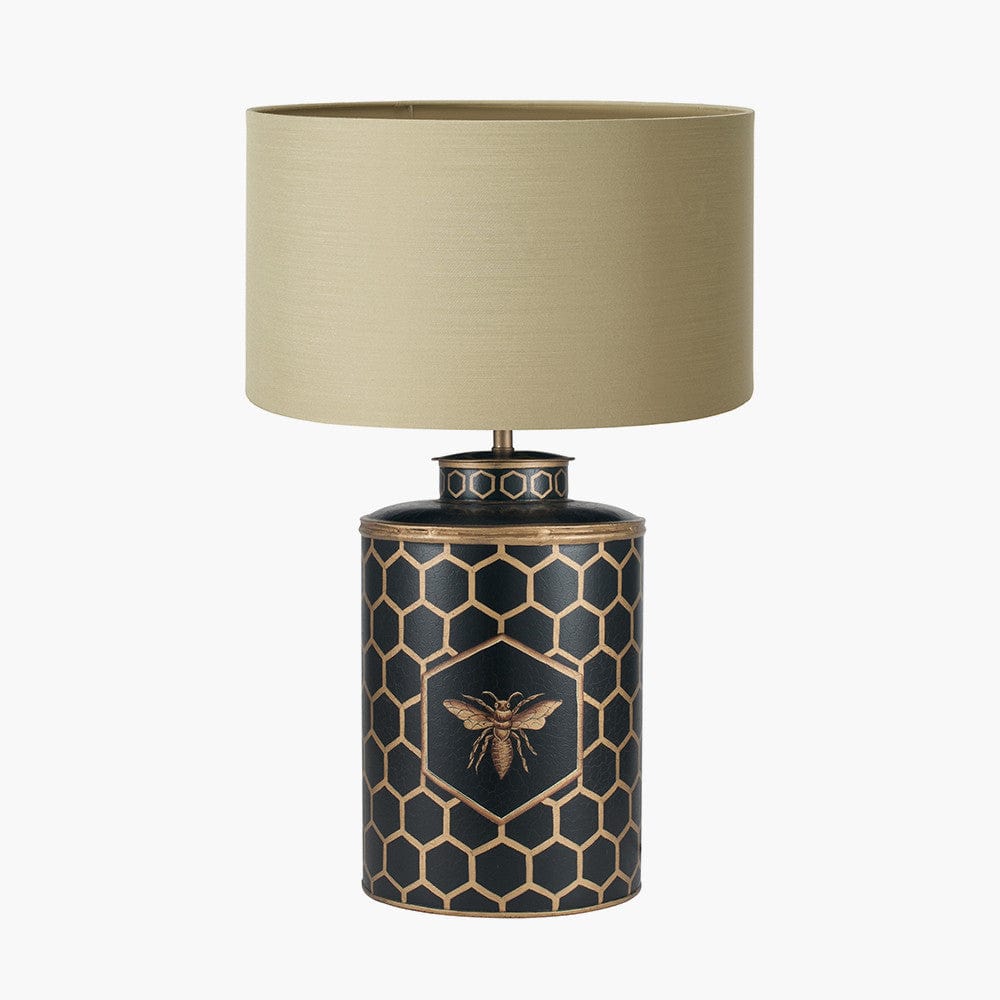 Black Honeycomb Hand Painted Metal Table Lamp Base with Harry 45cm Taupe Cotton Mix Cylinder Lampshade.