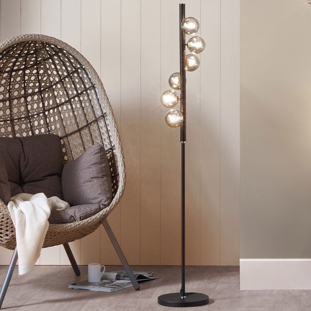 Blair Smoke Glass Ball and Black Metal Floor Lamp.