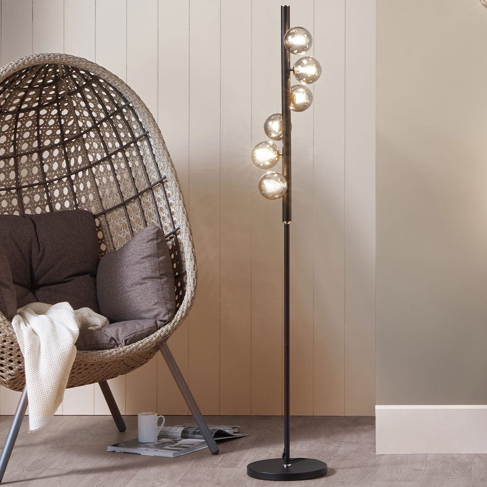 Pacific Lifestyle Lighting Blair Smoke Glass Ball and Black Metal Floor Lamp House of Isabella UK