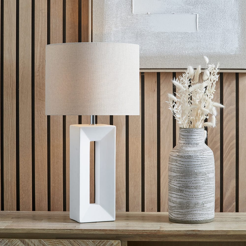 Block White Ceramic Tall Table Lamp.