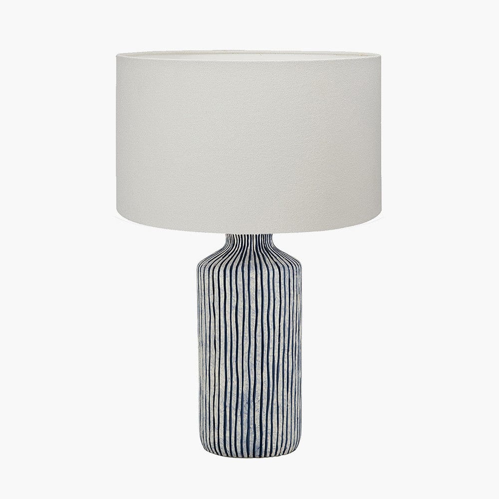 Bude Blue and White Stripe Stoneware Table Lamp Base with Henry 40cm White Handloom Cylinder Lampshade.