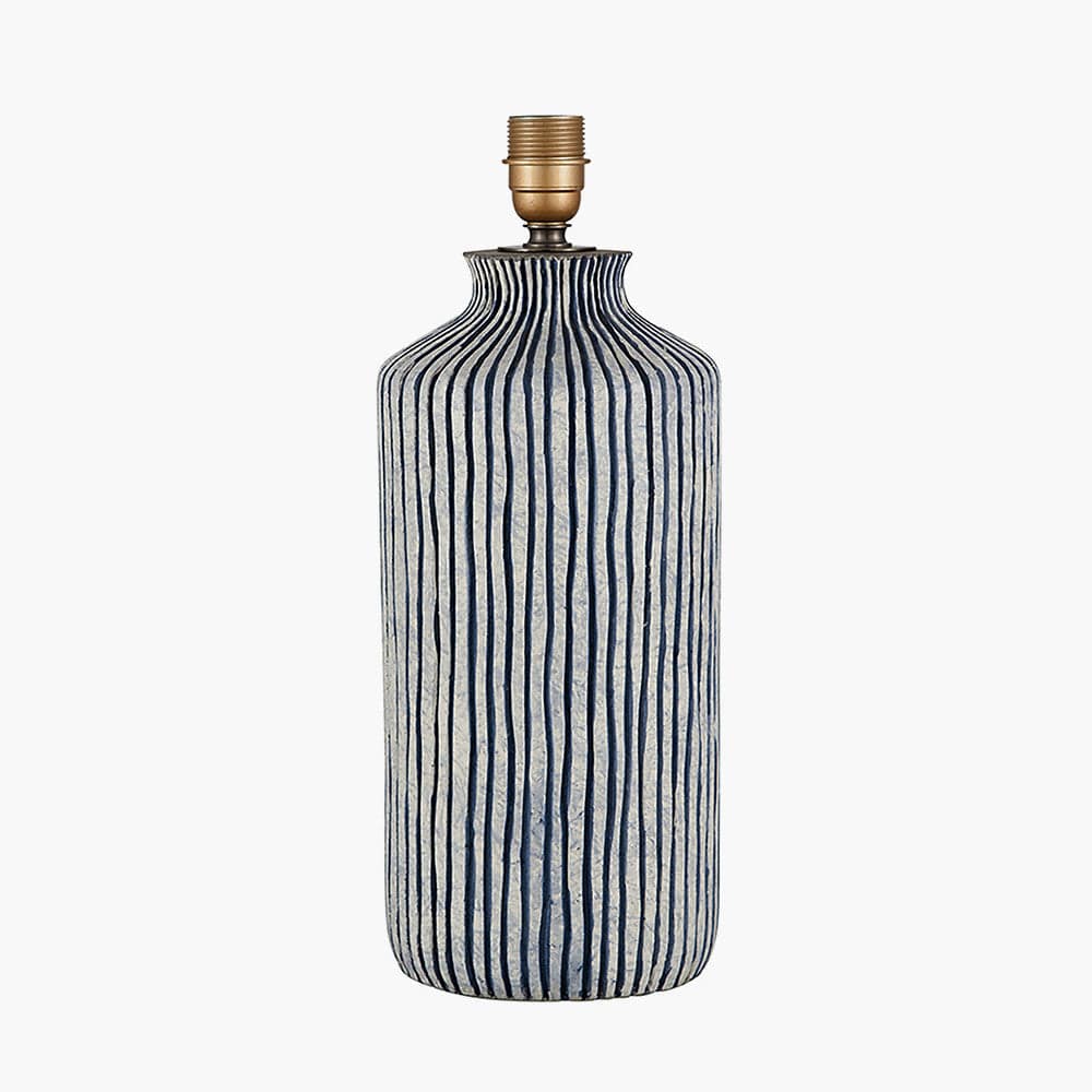 Bude Blue and White Stripe Stoneware Table Lamp Base with Lino 40cm Cream Self Lined Linen Cylinder Lampshade.