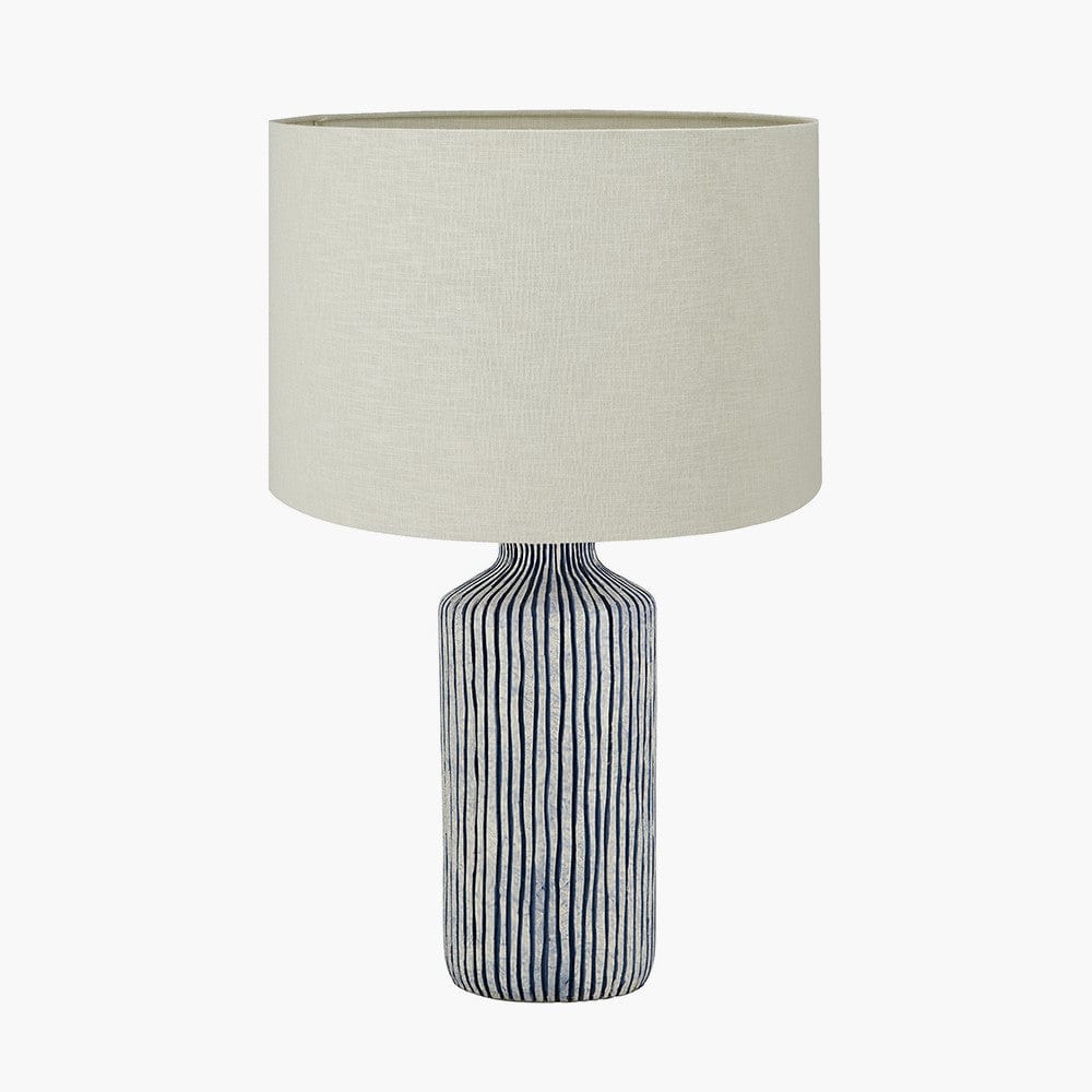 Bude Blue and White Stripe Stoneware Table Lamp Base with Lino 40cm Cream Self Lined Linen Cylinder Lampshade.