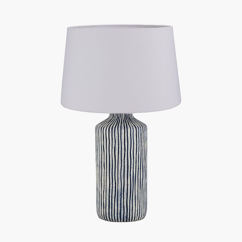 Bude Blue and White Stripe Stoneware Table Lamp Base with Winston 40cm White Handloom Tapered Lampshade.