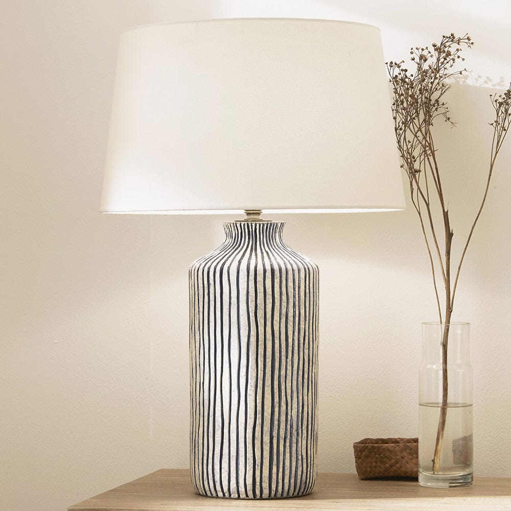 Bude Blue and White Stripe Stoneware Table Lamp Base with Winston 40cm White Handloom Tapered Lampshade.