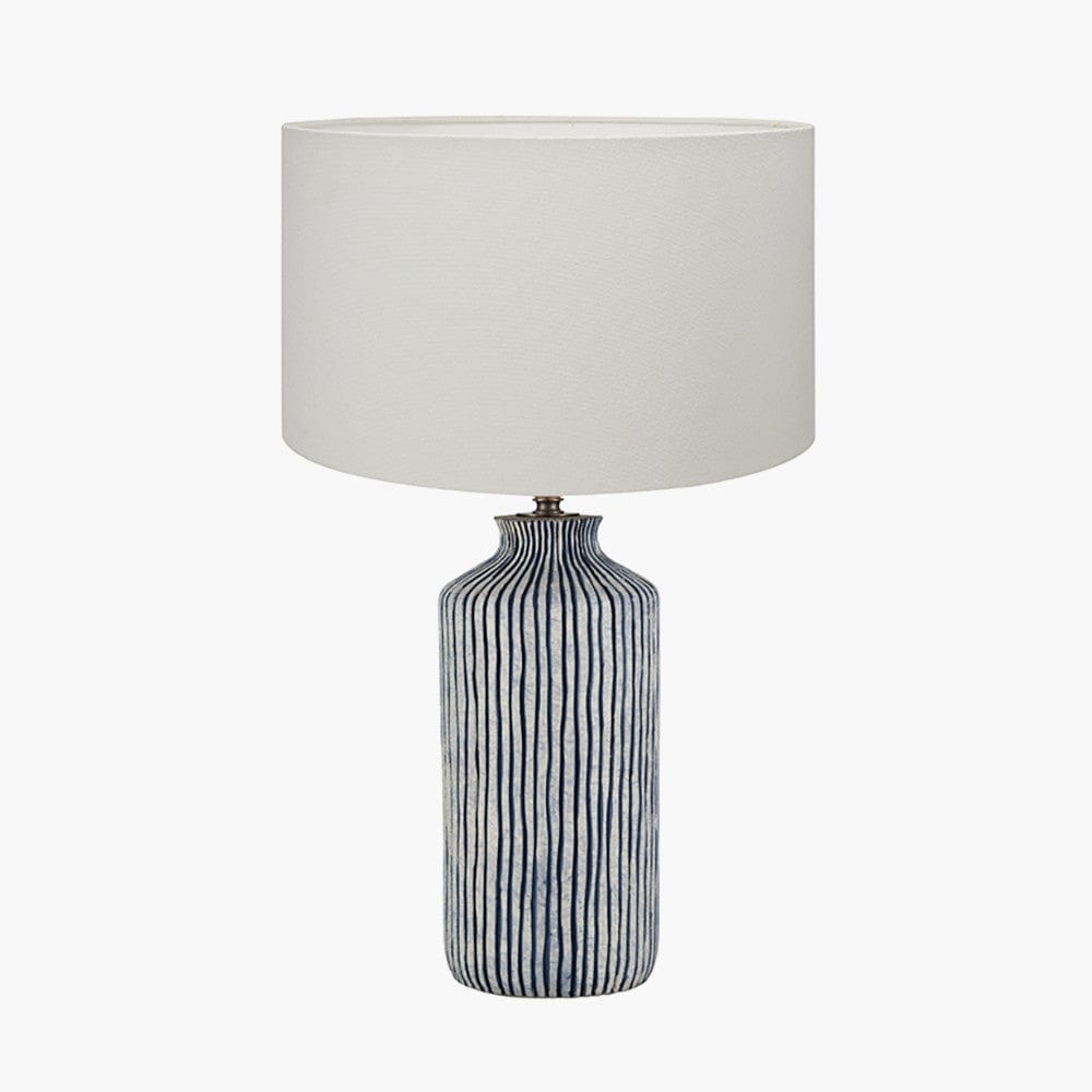 Bude Blue and White Stripe Stoneware Table Lamp with Henry 40cm White Handloom Cylinder Shade.