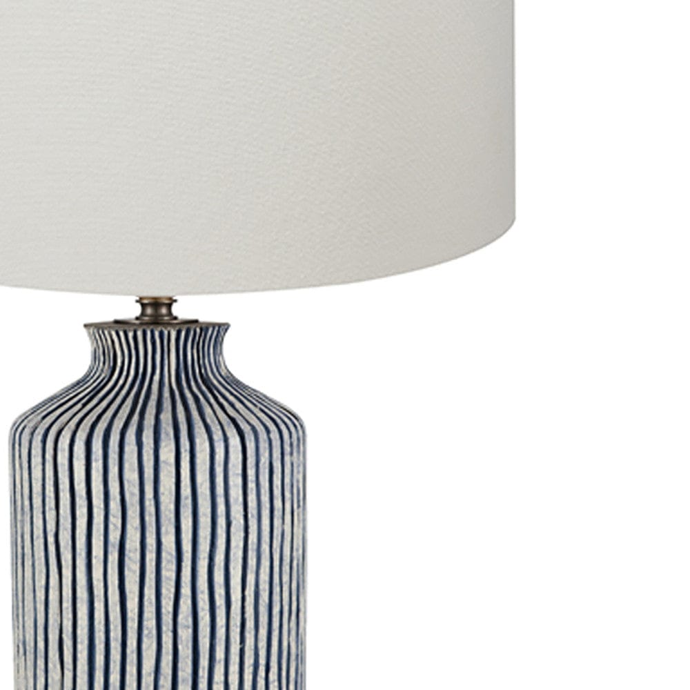Bude Blue and White Stripe Stoneware Table Lamp with Henry 40cm White Handloom Cylinder Shade.