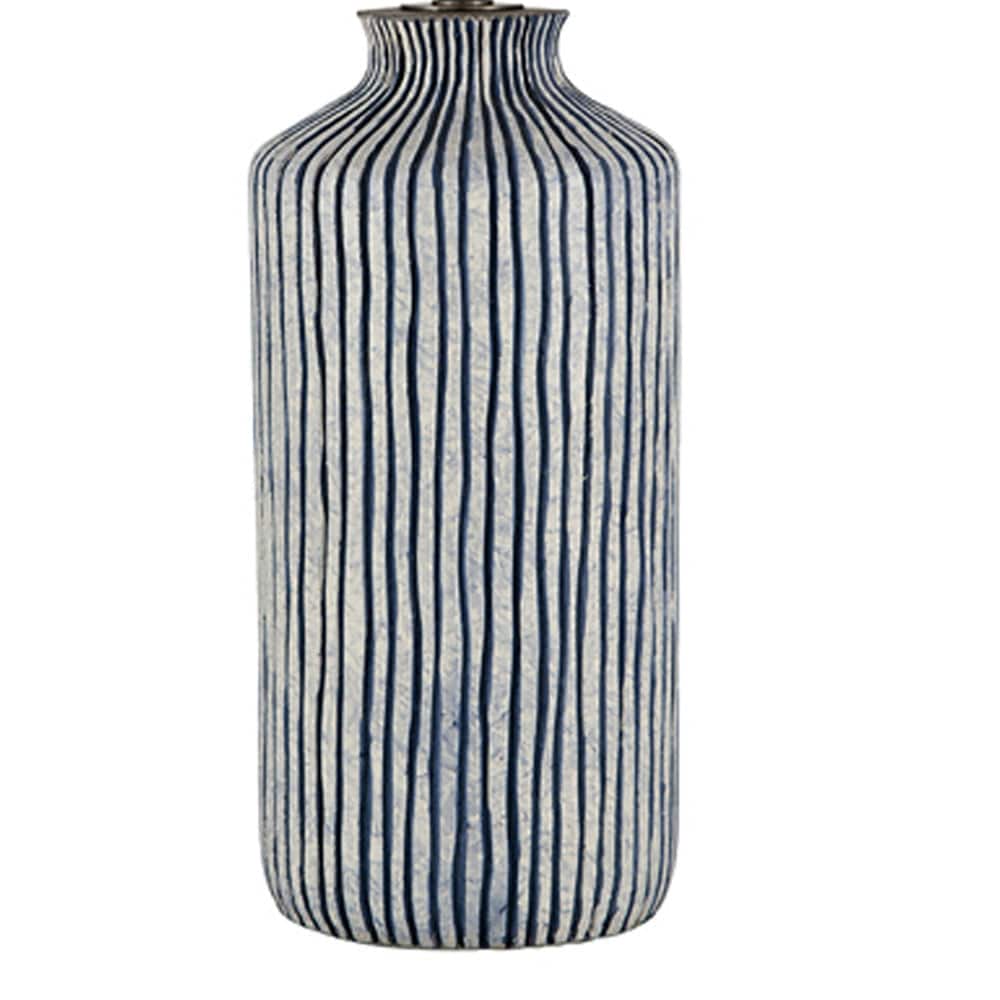Bude Blue and White Stripe Stoneware Table Lamp with Henry 40cm White Handloom Cylinder Shade.
