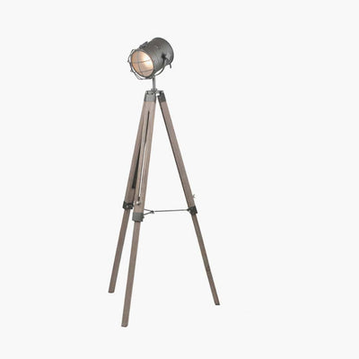 Pacific Lifestyle Lighting Bullseye Grey Metal & Antique Wood Tripod Marine Floor Lamp House of Isabella UK