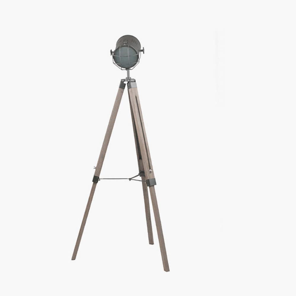 Bullseye Grey Metal & Antique Wood Tripod Marine Floor Lamp.