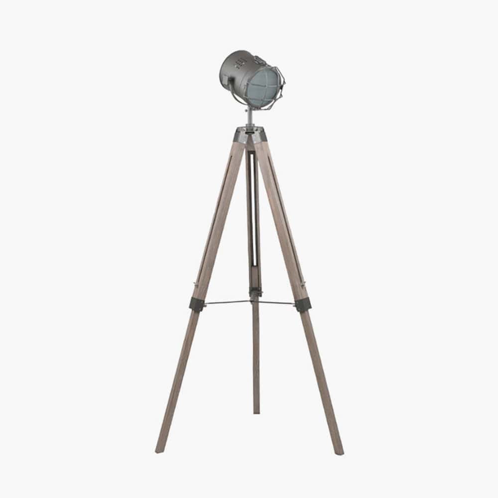 Bullseye Grey Metal & Antique Wood Tripod Marine Floor Lamp.
