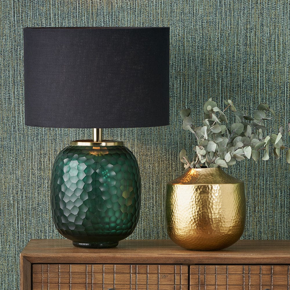 Camila Green Cold Cut Textured Glass Table Lamp Base with Lino 35cm Black Self Lined Linen Cylinder Lampshade.
